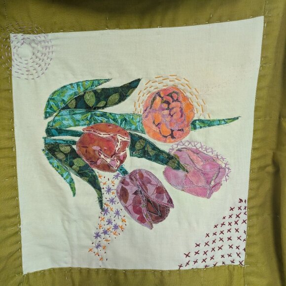 Handmade Olive Quilt Jacket | Floral Collage & Embroidery | One of a Kind Sz M/L - Picture 13 of 16